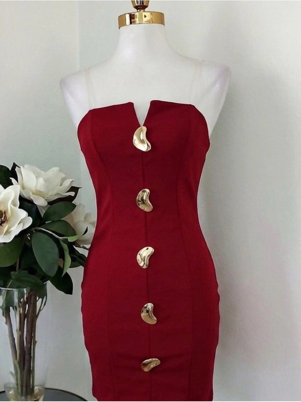 Strapless Red Bodycon Dress with Gold Sculpted Buttons